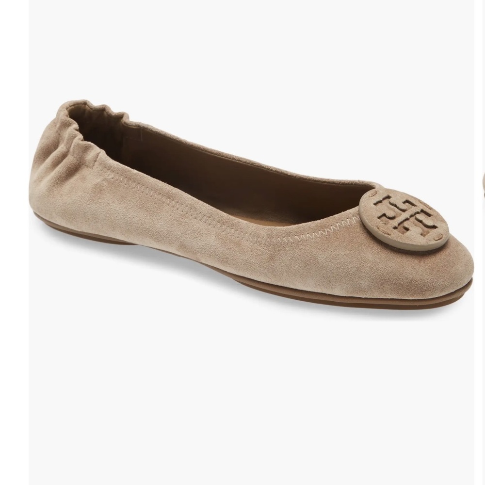 NWT Tory Burch Minnie Travel Ballet with Leather Logo  Suede Rocky Pebble 7 1/2